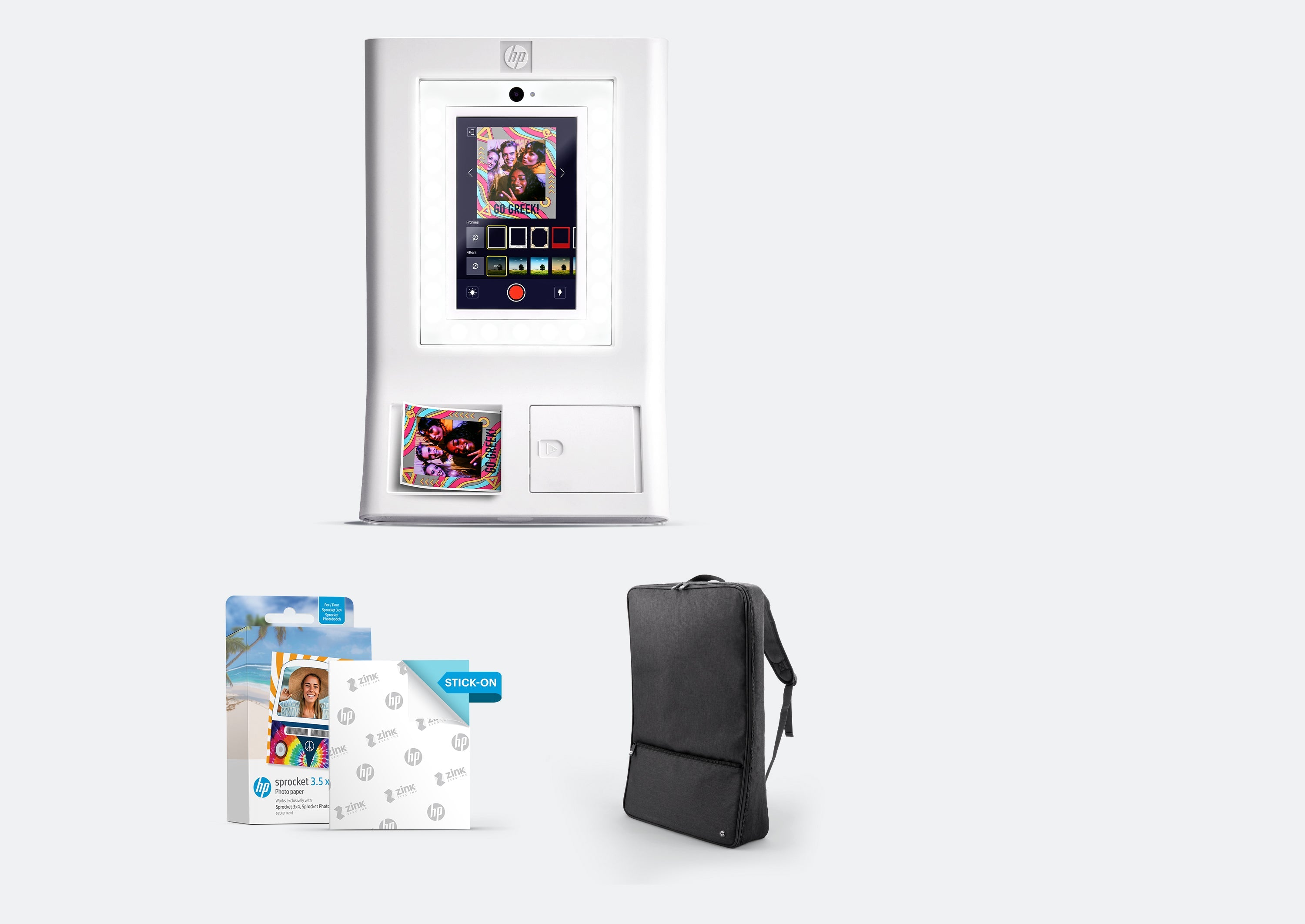 HP Sprocket Photobooth 照片打印机套装 – 100 张 3.5 英寸 x 4.35 英寸 ZINK® 相纸和便携箱